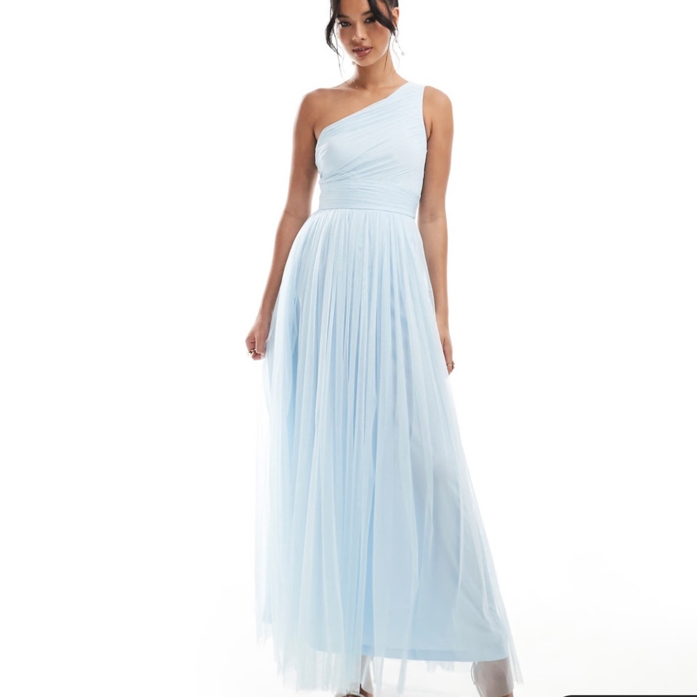 Lace & Beads Bridesmaid one-shoulder tulle maxi dress in sky blue